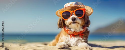 Cool dog with sunglasses and hat on the beach. copy space for text photo