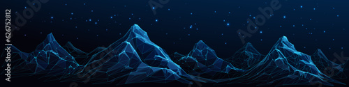 Abstract night Mountains digital landscape. Digital low poly wireframe vector illustration with 3D effect. Panorama of geometric peaks and starry sky on a technology blue background. Connected dots.
