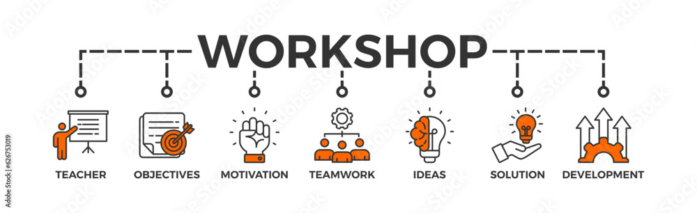 Workshop banner web icon vector illustration concept with icon of teacher, objectives, motivation, teamwork, ideas, solution, and development Workshop banner web icon vector illustration concept with icon of teacher, objectives, motivation, teamwork, ideas, solution, and development