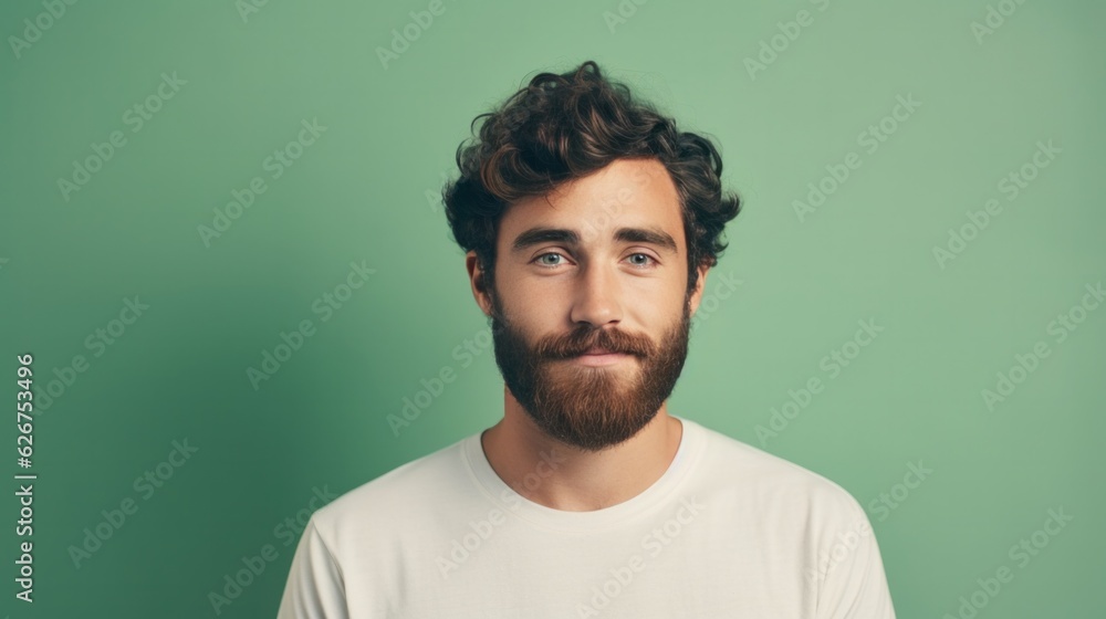 Obraz premium Portrait of young man with soft little black beard on pastel green background.