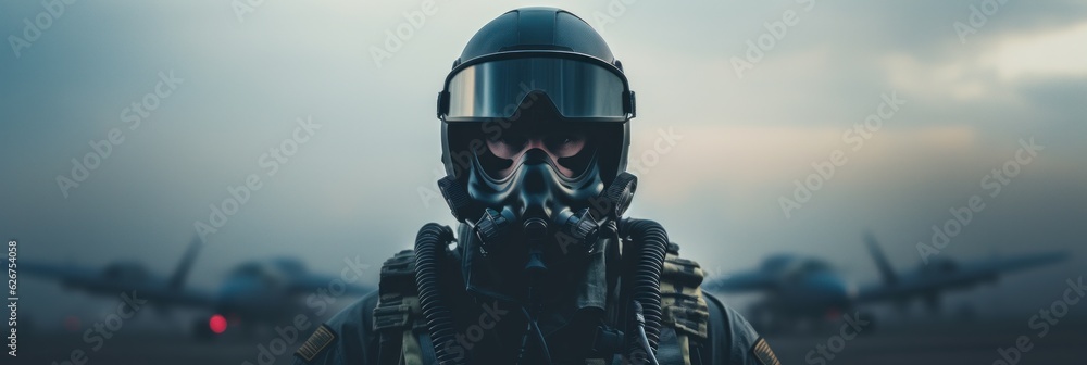 Pilot in mask and helmet with copy space. Generative AI Pilot in mask and helmet with copy space. Generative AI