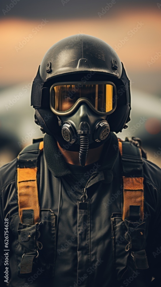 Pilot in mask and helmet with copy space. Generative AI Pilot in mask and helmet with copy space. Generative AI