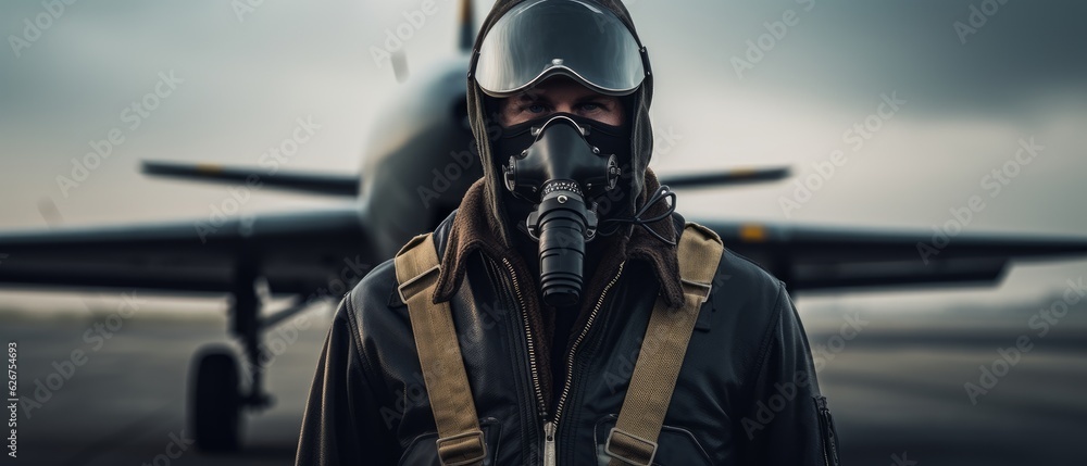 Fototapeta premium Pilot in mask and helmet with copy space. Generative AI