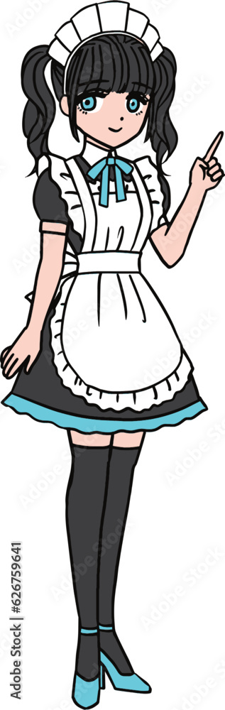 指を差して教えるブルーの胸のリボンをつけた黒髪のメイド 指を差して教えるブルーの胸のリボンをつけた黒髪のメイド