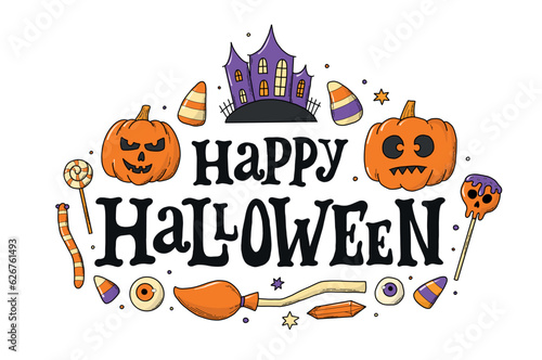 Happy Halloween vintage lettering quote decorated with doodles for prints, cards, posters, banners, invitations, labels, stickers, wallpapers, logos, etc. EPS 10