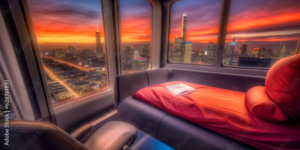 Fototapeta premium Airplane seat with a great view from the window - Generative AI