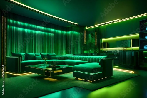 Modern and Classic Dark Green Living Room  with Luxury Materials and a Retro Futuristic Vibe.