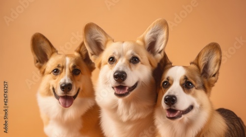 Smiling three puppy Pembroke Welsh Corgi dogs isolated on beige color background.