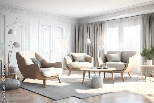 Modern Bright Living Room with Large Cozy Armchairs in Nordic Style, 3D Render © Ahtesham