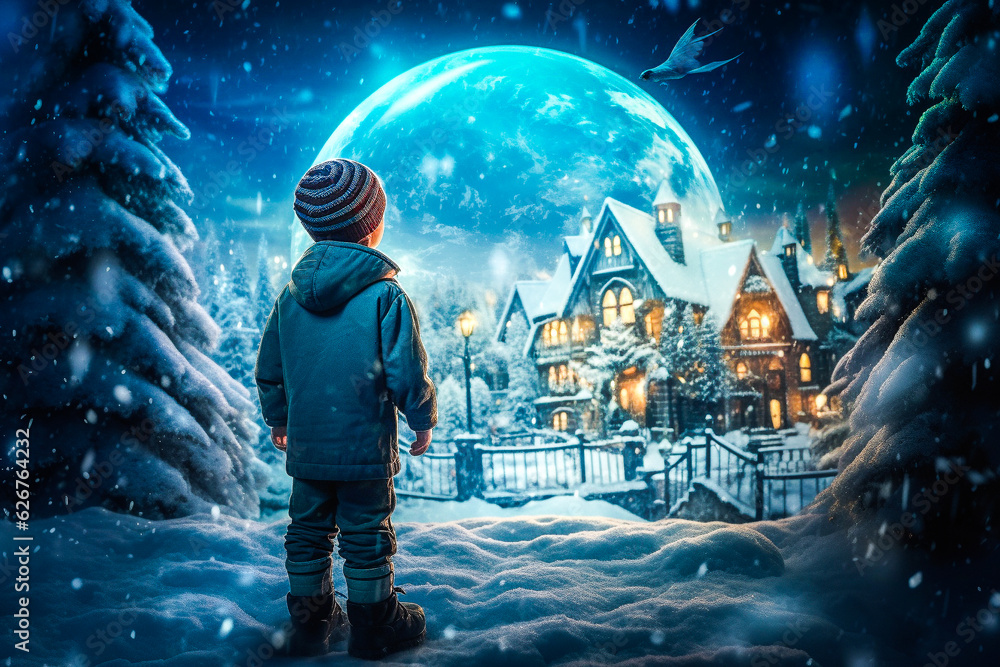 Obraz premium Illustration de Noël - Enfant émerveillé par la magie de noël - Générative ia