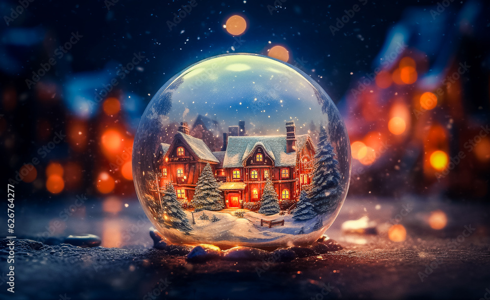 Illustration de Noël - Boule à neige en verre avec maison illuminée sous la neige - Générative iA Illustration de Noël - Boule à neige en verre avec maison illuminée sous la neige - Générative iA