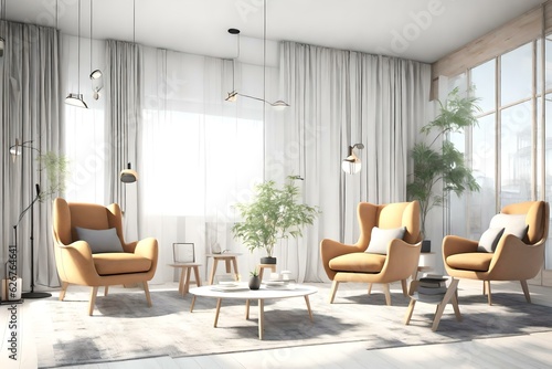 Modern Bright Living Room with Large Cozy Armchairs in Nordic Style, 3D Render © Ahtesham