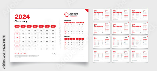 12 pages minimalist designed professional corporate desk calendar template design with previous and next month dates for 2024