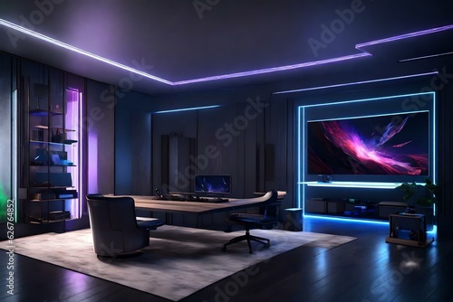 Gaming Lounge with RGB Lights and Luxury Furniture, Minimalist 3D Render Inspiration
