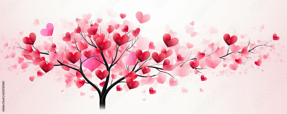 Pink red tree with heart leaves isolated. wide banner