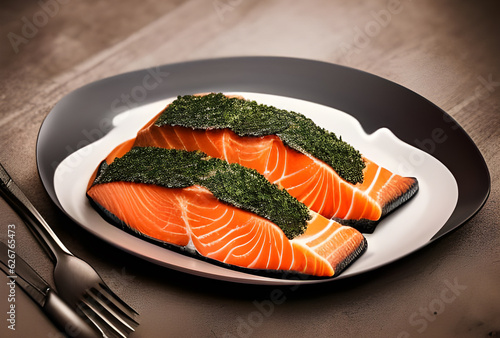 Delicious salmon Cuisine Photography. AI Image Generated