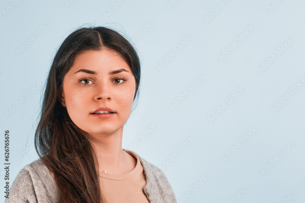Portrait of beautiful naturally brunette woman, smiling and looking confident in camera. A Close-Up Portrait of a Beautiful Brunette Woman and an Isolated Cute Girl. Confidence and Charm. Portrait of beautiful naturally brunette woman, smiling and looking confident in camera. A Close-Up Portrait of a Beautiful Brunette Woman and an Isolated Cute Girl. Confidence and Charm.