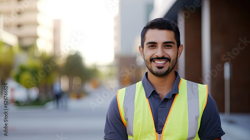 Civil Engineer Hispanic smiling with Constuction backgrounds, use for banner cover. Success in target of project goal Handsome Middle Eastern worker.generative ai