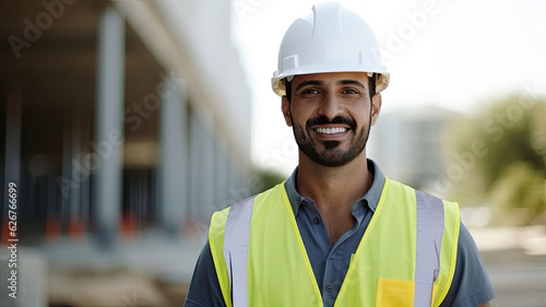 Civil Engineer Hispanic smiling with Constuction backgrounds, use for banner cover. Success in target of project goal Handsome Middle Eastern worker.generative ai photo