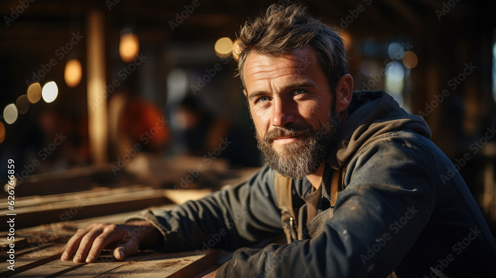 Construction Worker on Duty. Caucasian Contractor and the Wooden House Frame. Industrial Theme.