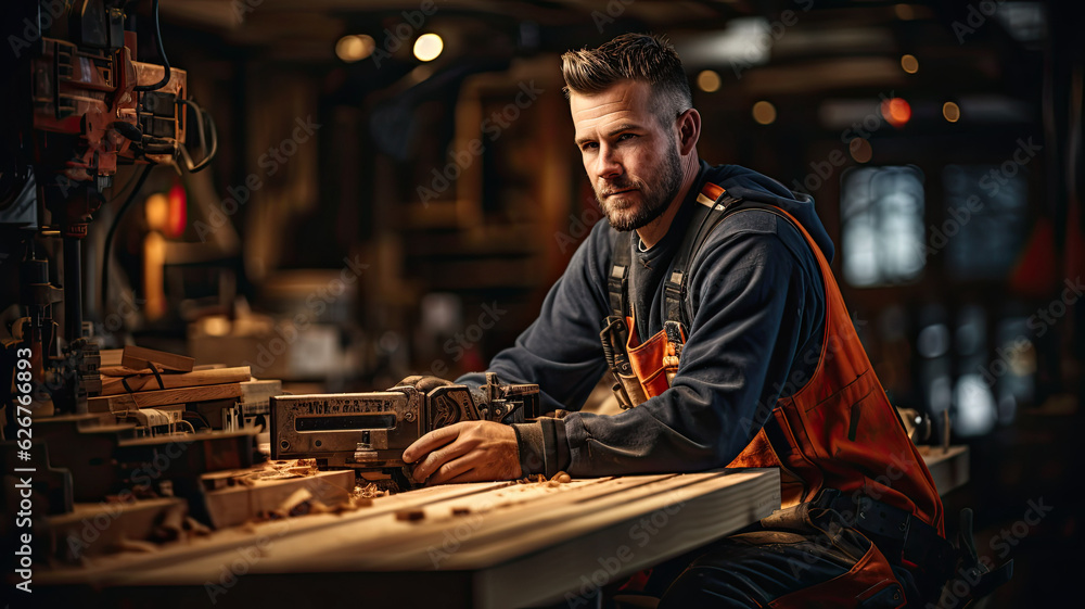 Construction Worker on Duty. Caucasian Contractor and the Wooden House Frame. Industrial Theme. Construction Worker on Duty. Caucasian Contractor and the Wooden House Frame. Industrial Theme.