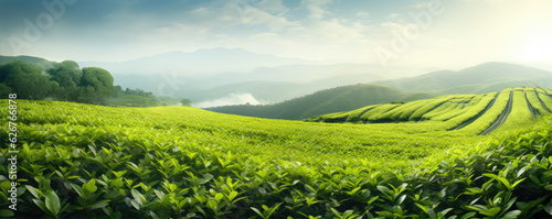 Green field of tea at sunny day,