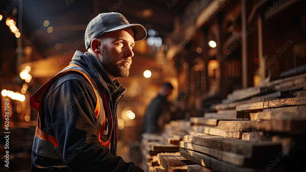 Construction Worker on Duty. Caucasian Contractor and the Wooden House Frame. Industrial Theme. Construction Worker on Duty. Caucasian Contractor and the Wooden House Frame. Industrial Theme.