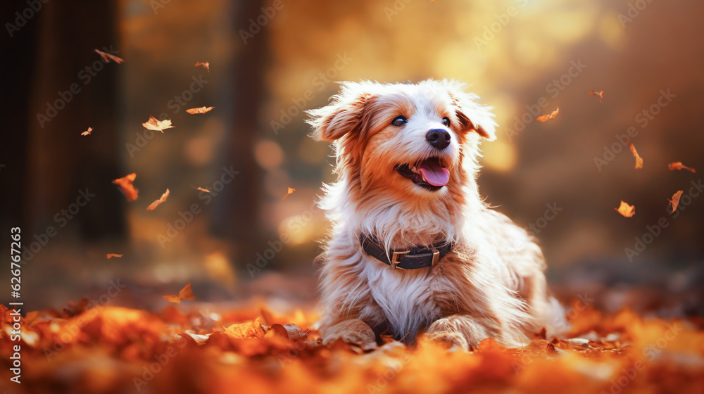 Portrait of a cute dog sitting in the autumn forest with fallen leaves. selective focus.