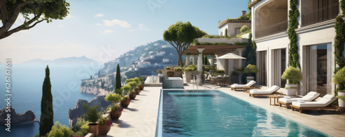 Luxury vila nestled along side of sea moutains with fresh green trees. photo