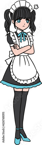 怒って腕組みをするブルーの胸のリボンをつけた黒髪メイド