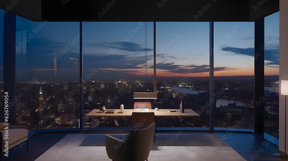 Fototapeta premium An office in the nighttime, situated in a high-rise building, with a cityscape view outside the windows. The office is designed for upscale business purposes