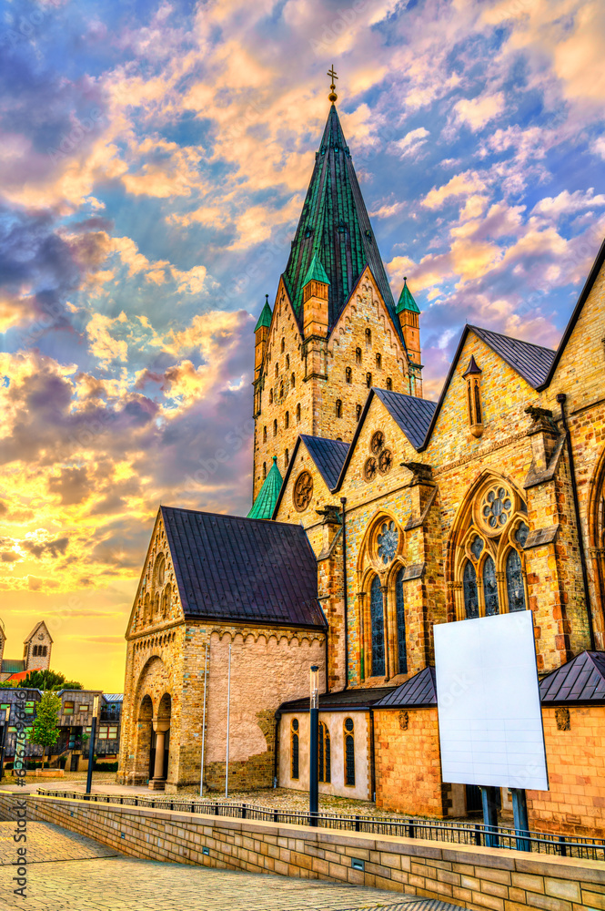 Paderborn Cathedral in North Rhine-Westphalia, Germany at sunset