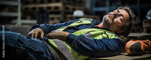 Worker lying down on floor in unconscious. Industry or worker place background.