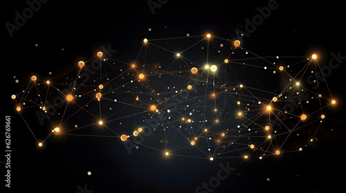 Bright light networks on a black background, featuring deep orange and light gold tones, symbolizing social networks, innovative technology, and the internet