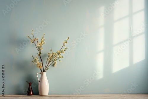 A white flower vase bathed in sunlight  standing against a soothing light blue wall  creating a serene and inviting ambiance. Photorealistic illustration