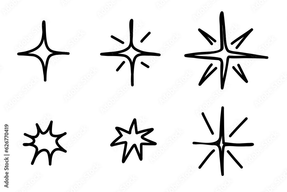 Sparkles stars set. Twinkle stars doodle symbols. Vector sparkle star icon. Bright firework, shiny flash, decoration twinkle. Glowing light effect. Stock vector illustration. Sparkles stars set. Twinkle stars doodle symbols. Vector sparkle star icon. Bright firework, shiny flash, decoration twinkle. Glowing light effect. Stock vector illustration.
