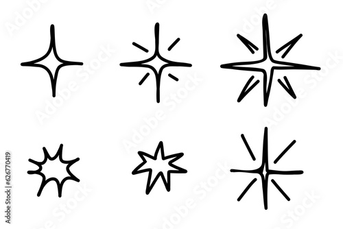Sparkles stars set. Twinkle stars doodle symbols. Vector sparkle star icon. Bright firework  shiny flash  decoration twinkle. Glowing light effect. Stock vector illustration.