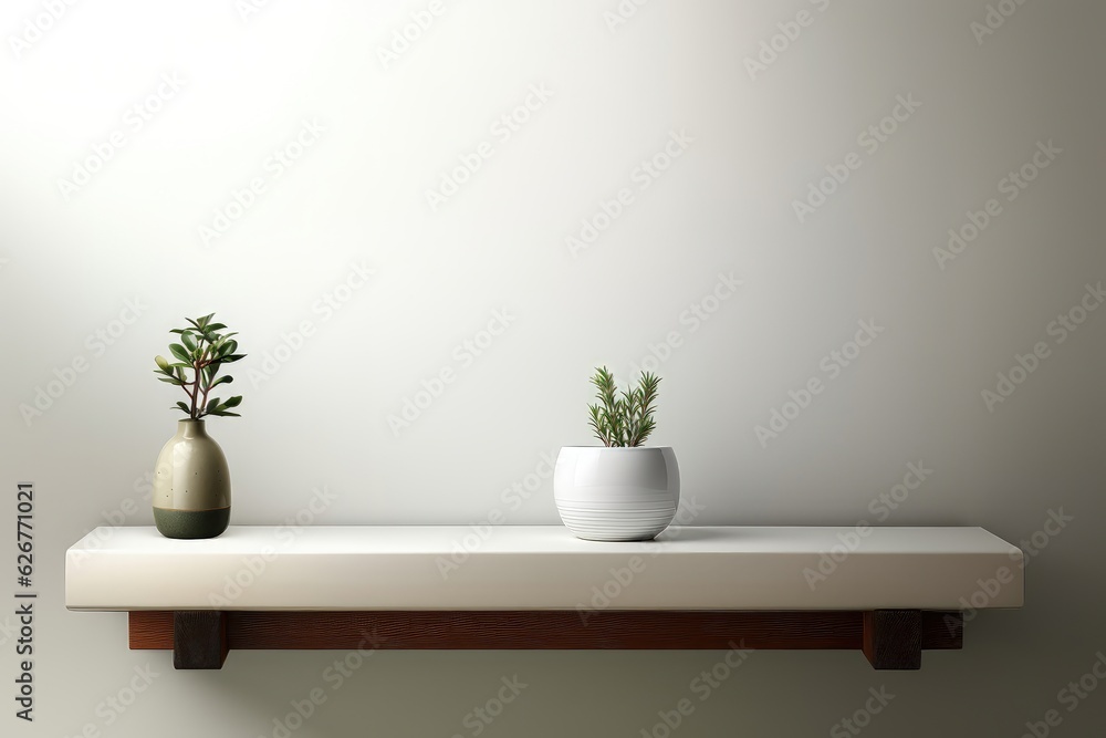 A delicate potted plant in a white pot, complemented by a vibrant green leafy plant displayed in a vase, harmoniously standing against a white wall. Photorealistic illustration