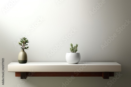 A delicate potted plant in a white pot, complemented by a vibrant green leafy plant displayed in a vase, harmoniously standing against a white wall. Photorealistic illustration