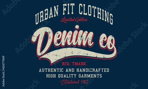 Denim co. Typography vintage urban brand logo print. Retro artwork. Graphic tee vector illustration T-shirt graphic.