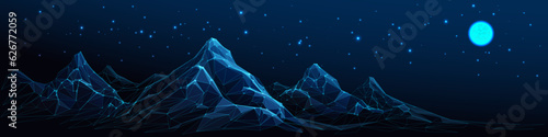 Abstract mountain range against the background of the night starry sky. Digital mountain landscapes consist of connected dots, lines, polygons, and grids. Low poly wireframe vector illustration.