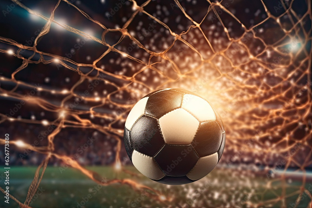 Fototapeta premium Soccer ball hit the net, goal, in stadium light, supporters in the background