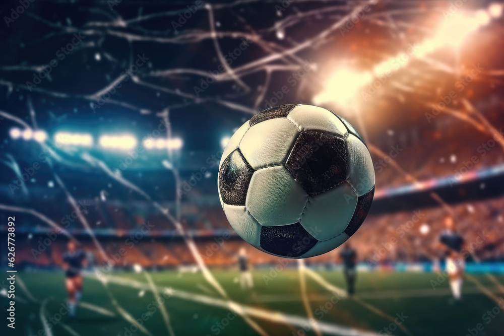 Naklejka premium Soccer ball hit the net, goal, in stadium light, supporters in the background