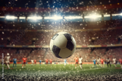 Soccer ball hit the net, goal, in stadium light, supporters in the background © JKLoma