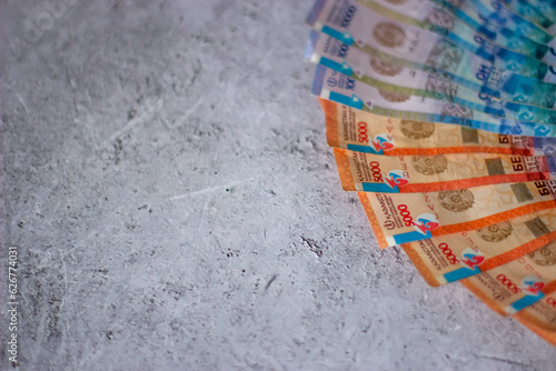 Kazakh money. Close-up bills. Tenge cash
