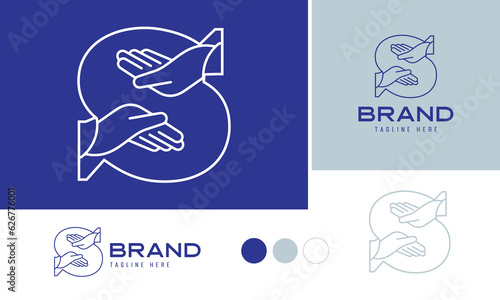 Caring hands logo using alphabet letter S with lines suitable for clinics, hospital, health, medical, heal, service, protection brands and business, included logo variation and swatches for branding