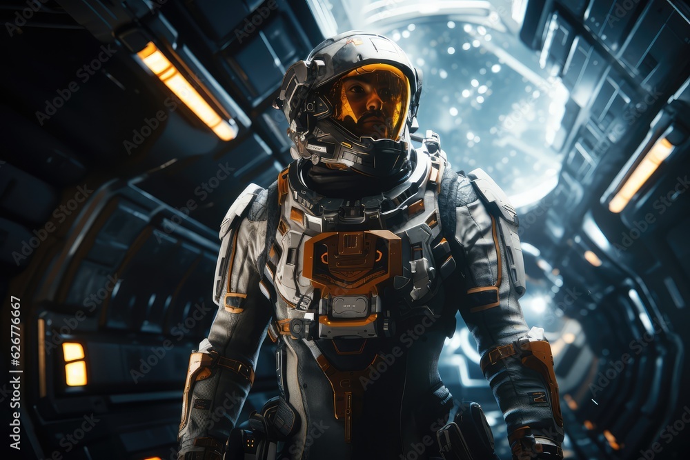 A seasoned scifi space explorer clad in an advanced, generative artificial intelligence A seasoned scifi space explorer clad in an advanced, generative artificial intelligence