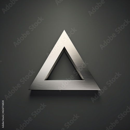 Bushed metal 3D triangle logo design on dark background, AI-generative