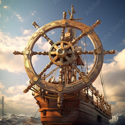 The sturdy and commanding helm of a pirate ship, steering the course for adventure. Generative AI