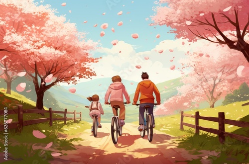  children riding bicycle in spring forest, generative artificial intelligence